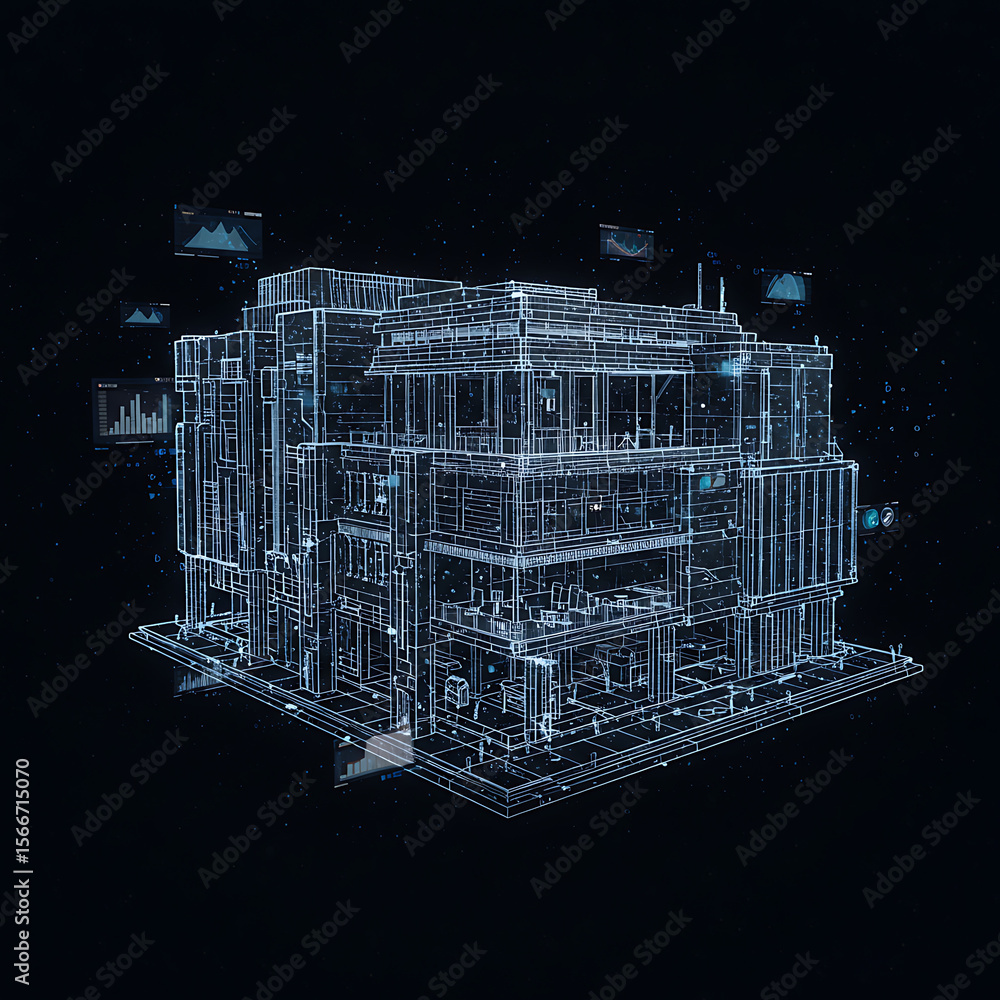 Poster a futuristic digital wireframe of a building with holographic data overlays. a concept for architect