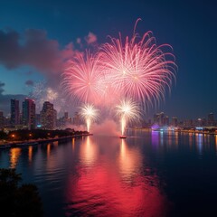 vibrant colorful fireworks display over majestic city skyline night celebration, burst, illumination, spectacle, lights, explosion, festive, cascade