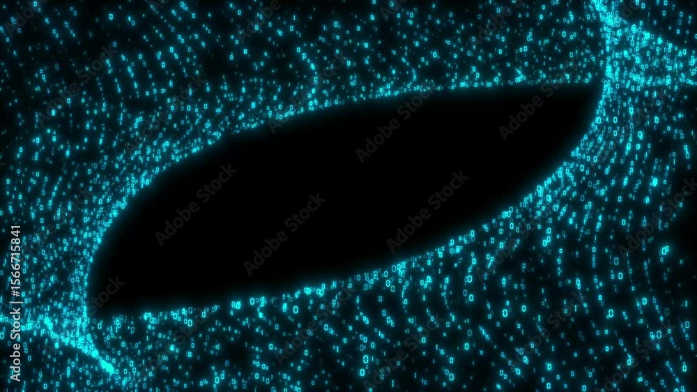 Poster abstract digital data wave with glowing particles and dynamic lines on a dark background, concept of