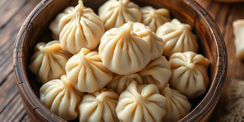 A rustic wooden bowl overflowing with plump, homemade dumplings, steaming slightly, potato, pork