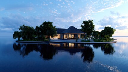Obraz premium A house is on a small island in the middle of a lake