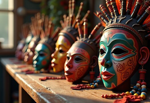 vibrant colorful masks unique beads displayed rustic wooden table artistic arrangement spectacular culture tablette collection, design, crafted, ornament