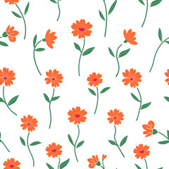 Vector seamless floral pattern with orange flowers and green stems on yellow background for textile, kids print, wrapping and home decor use.