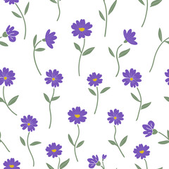 Seamless floral pattern with purple flowers and green leaves on soft yellow background for wrapping, fabric, surface design and digital projects.
