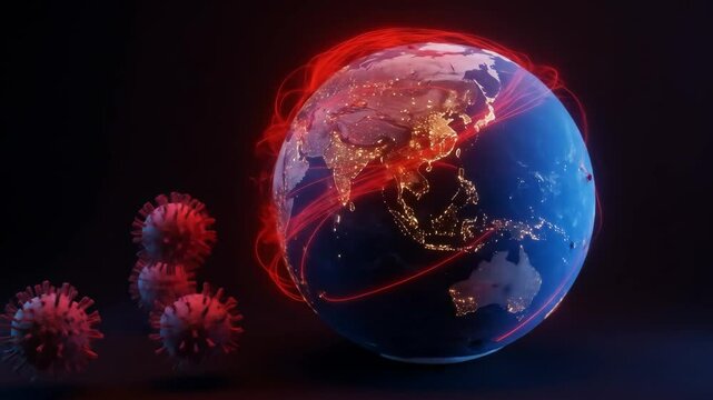 Global Pandemic: Virus Spreading Across the World - A 3D video depicts a globe with red lines representing the spread of a virus, while several virus models are shown approaching the planet. - Powered by Adobe