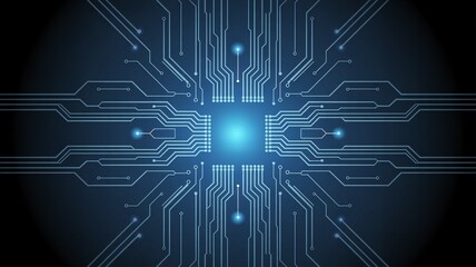 Obraz premium Abstract blue circuit board design with a glowing center and connecting lines radiating outwards