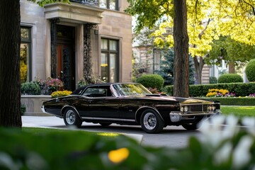 A black car is parked in front of a house with a large tree in the background