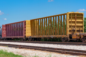 Two long centerbeam cars sit idle in a rail siding on a sunny Texas summer afternoon.