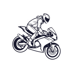 Obraz premium Motorcycle racer on a sportbike vector illustration. Biker in full gear riding a superbike at speed. Monochrome silhouette for motorsport and racing concepts