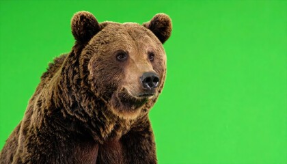 A brown bear looks thoughtfully to the side against a green backdrop