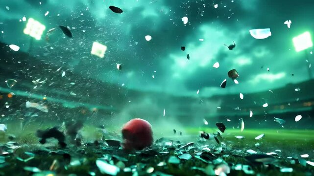Epic Cricket Ball Impact: Night Stadium Slow Motion Shatter Explosion