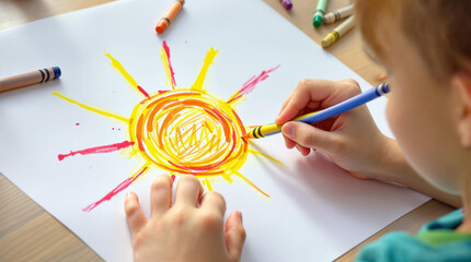 Child drawing a sun with crayons on paper in joyful indoor setting, copy space