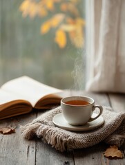 A Cup of Tea on the Windowsill with a Book &ndash; Cozy Autumn Atmosphere with Warm Light, Raindrops on Glass, Fall Leaves Outside, Relaxing Moment for Slow Living, Reading, and Seasonal Comfort

