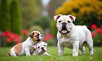 Fototapeta premium Tender Bulldog Family Moment with Puppies in Colorful Floral Garden