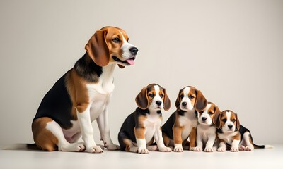 Proud Beagle Mother with Adorable Puppies on Beige Background