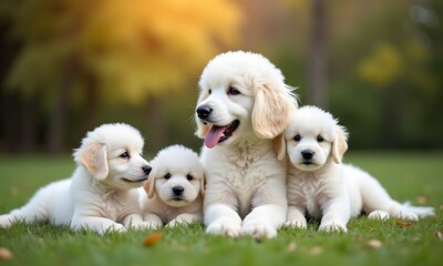 Joyful Poodle Mother and Puppies Playing in Sunny Grassy Field