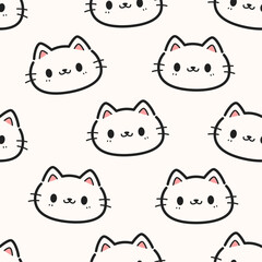 Seamless pattern background with cute cats face cartoon doodle on white, Childish animal pattern for kids