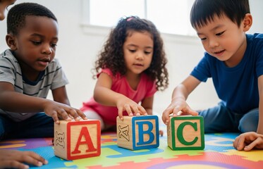 Building blocks shaped as letters A, B, C in child's hands to celebrate literacy awareness on International Literacy Day