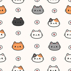Seamless pattern background with cute cats face cartoon doodle on white, Childish animal pattern for kids