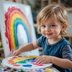 Smiling toddler painting a rainbow with bright colors in cheerful indoor setting, copy space