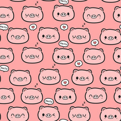 Seamless pattern background with cute pig face cartoon doodle on pink, Childish animal pattern for kids