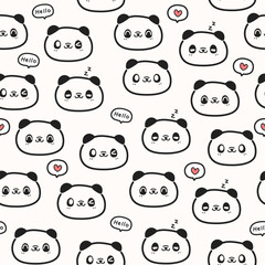 Seamless pattern background with cute panda face cartoon doodle on white, Childish animal pattern for kids