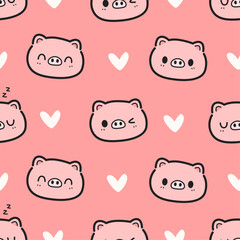 Seamless pattern background with cute pig face with hearts cartoon doodle on pink, Childish animal pattern for kids