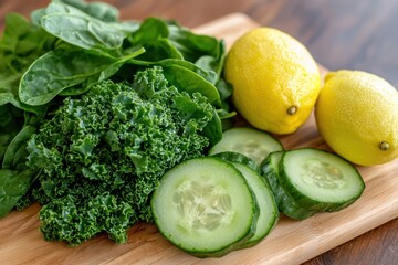 Obraz premium A wooden cutting board with a variety of vegetables including cucumbers, spinach