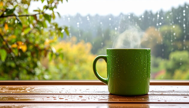 Steaming green mug on wet wooden table by rainy window with blurred green and yellow foliage outside, creating calm and cozy atmosphere on rainy day - Powered by Adobe