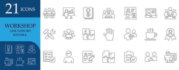 Professional icon set for workshop, teamwork, coaching, leadership, business strategy, collaboration, productivity, and innovation concepts