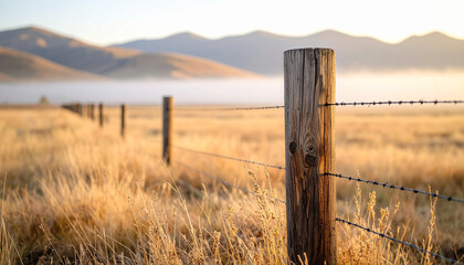 Weathered wooden fence post with barbed wire in dry grassland under soft morning light and foggy hills in background creating peaceful rural scene