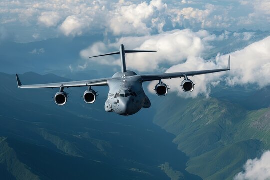 A large jet is flying through the sky over a mountain range