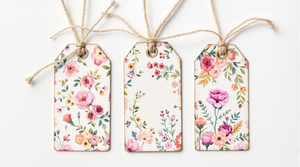 Floral gift tags with vibrant flower designs on white background, copy space