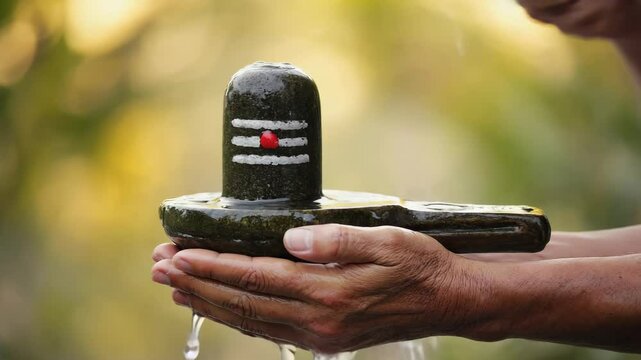 Ritual water pouring on a Shiva lingam during a spiritual ceremony in nature