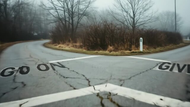 Crossroads: Go On or Give Up - A foggy road splits into two paths, each marked with the words "Go On" and "Give Up," symbolizing a difficult decision or life choice.