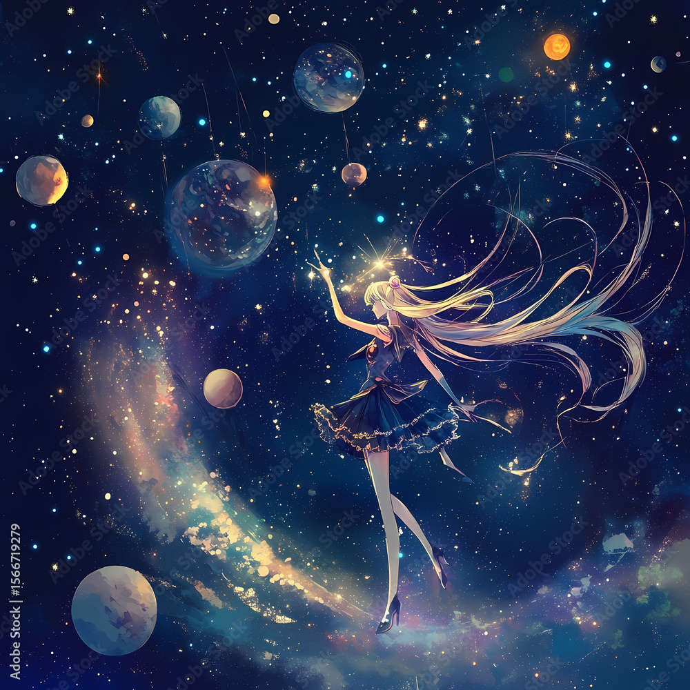 Poster cosmic dancer interacts with celestial bodies in a vibrant galaxy generative ai