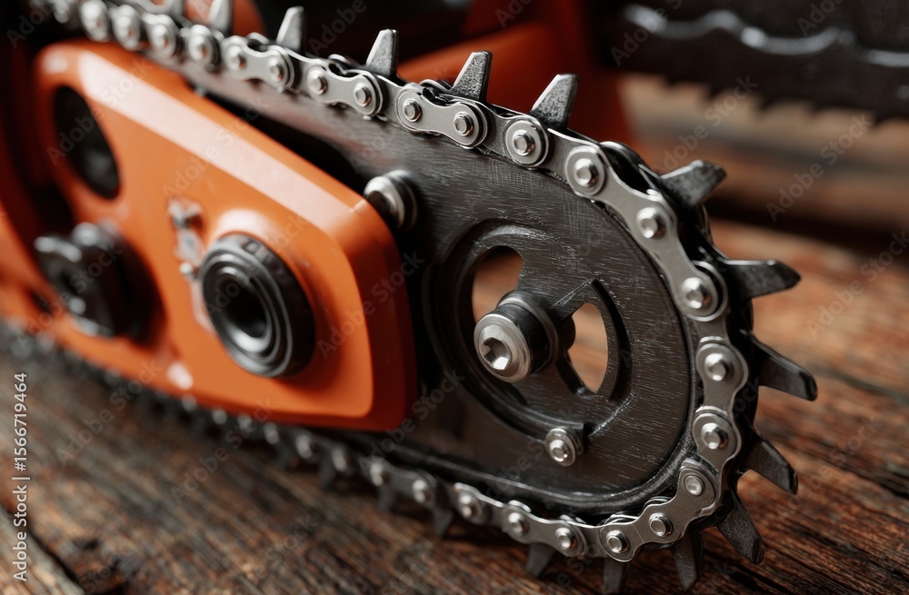 Poster close-up view of a powerful chainsaw's sharp teeth and intricate mechanism, resting on weathered woo
