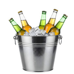 Metal bucket packed with ice and chilled beer bottles isolated on white or transparent background. PNG format.