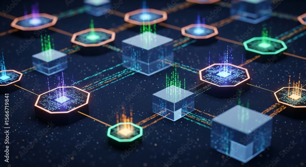 Poster abstract representation of blockchain network with connected nodes. cryptocurrency, data transfer, a