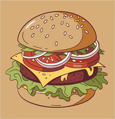 Hamburger: Hamburger vector art illustration. hamburger vector icon. Delicious vector art depicting a classic hamburger with layers of meat, cheese, fresh vegetables. vector illustration fast food.