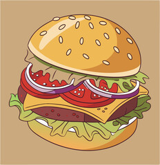 Hamburger: Hamburger vector art illustration. hamburger vector icon. Delicious vector art depicting a classic hamburger with layers of meat, cheese, fresh vegetables. vector illustration fast food.