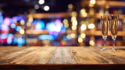 Wooden Table with Blurred New Year Countdown Club Background with LED Lights and Champagne Flutes