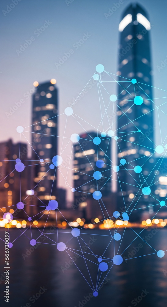 Poster abstract network lines and nodes against city skyline background. blockchain connection concept for 