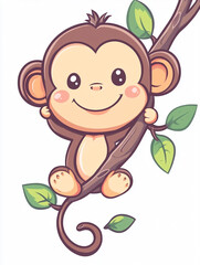 A cute and playful cartoon monkey happily hanging from a tree branch with green leaves.