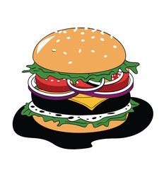 Hamburger: Hamburger vector art illustration. hamburger vector icon. Delicious vector art depicting a classic hamburger with layers of meat, cheese, fresh vegetables. vector illustration fast food.