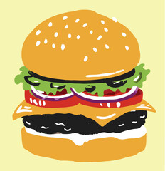 Hamburger: Hamburger vector art illustration. hamburger vector icon. Delicious vector art depicting a classic hamburger with layers of meat, cheese, fresh vegetables. vector illustration fast food.