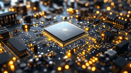 high tech computer circuit board with microchip and glowing components for digital innovation