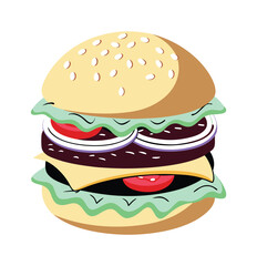 Hamburger: Hamburger vector art illustration. hamburger vector icon. Delicious vector art depicting a classic hamburger with layers of meat, cheese, fresh vegetables. vector illustration fast food.