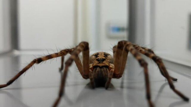 Close-up of a Wolf Spider on a Smooth Surface - A large wolf spider is shown in extreme close-up, its hairy legs splayed out on a light gray, smooth surface.