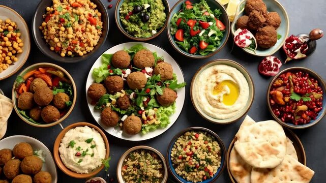 Assortment of Middle Eastern dishes featuring falafel, hummus, salad, tabouli and flatbreads on a gray background.